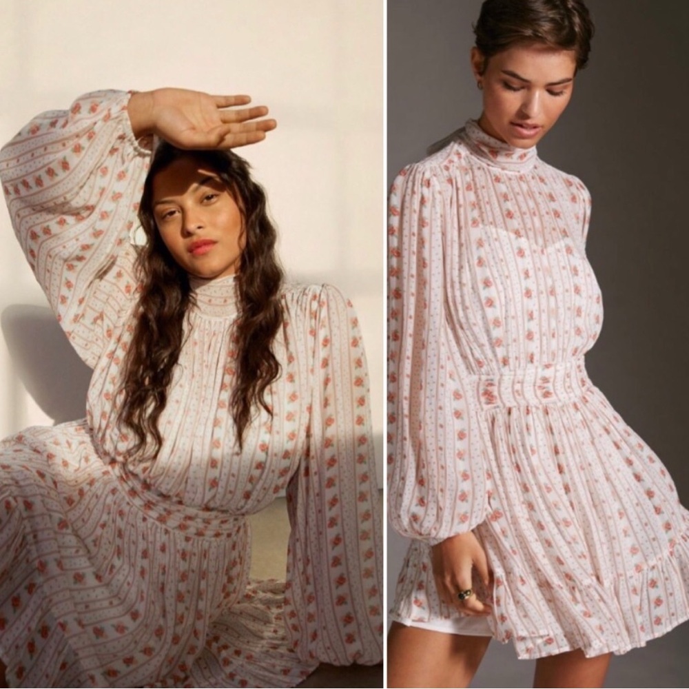 Anthropologie Let Me Be Pink Floral Combo Tie Mockneck Sheer Minidress with Slip